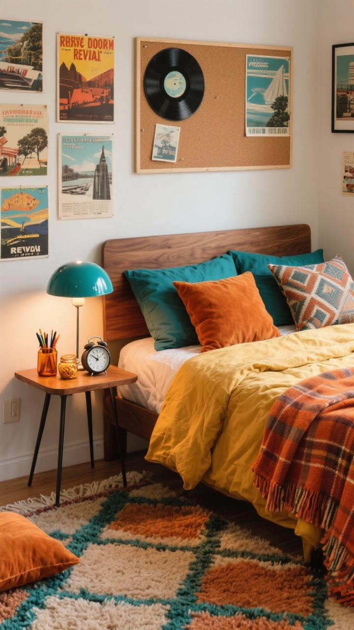 Photorealistic medium shot of a Retro Dorm Revival corner: mustard duvet with teal shams and a burnt orange throw on the bed, walnut-look headboard pillow, hairpin-leg side table holding a glossy-shade mushroom lamp and amber glass jars for pens/snacks, wall collage of vintage travel posters and vinyl record sleeves above a corkboard, geometric/shag rug in warm neutrals with a hint of teal underfoot, corduroy pillows and a patterned tapestry layered with a plaid throw, teal desk lamp tying colors together, retro alarm clock on the nightstand, warm nostalgic lighting, slight corner angle for depth