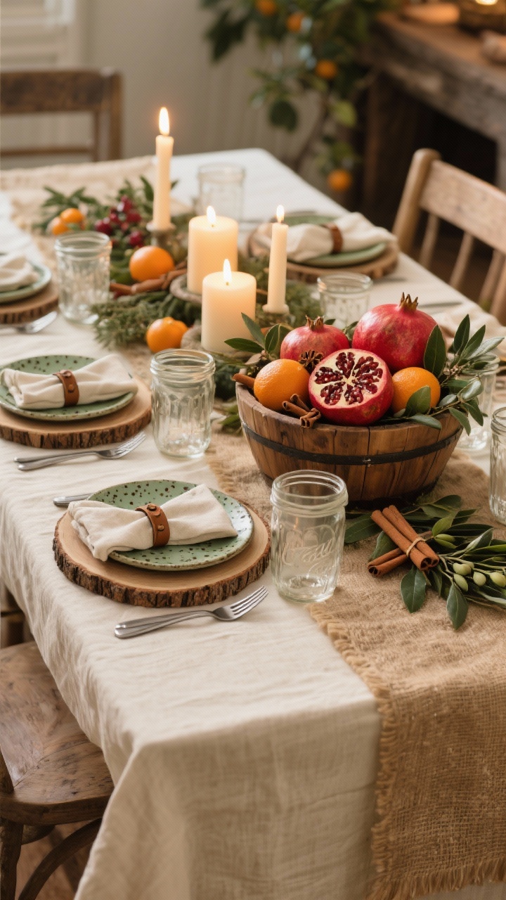 Photorealistic medium shot of a rustic farmhouse orchard holiday table: cream linen tablecloth with a natural jute runner, wood slice chargers topped with speckled stoneware plates, linen napkins with leather rings, mason jar water glasses, iron-look flatware; central wooden dough bowl (or crates) brimming with pomegranates, clove-studded oranges, cinnamon sticks, bay leaves, and olive branches, with a few pillar candles safely enclosed in glass chimneys; palette of warm cream, walnut, olive green, pomegranate red; cozy ambient warmth with the soft glow of candles, captured from a side angle to emphasize abundance and texture, no people.