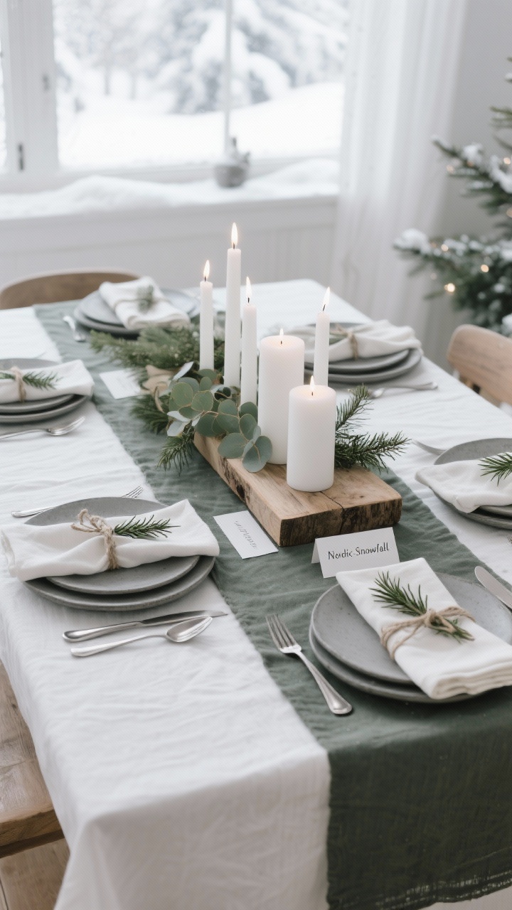 Photorealistic medium shot of a serene “Nordic Snowfall” Christmas tablescape: white linen tablecloth with a soft charcoal runner centered; matte stoneware plates in gray and white stacked at each setting; linen napkins tied with simple twine and a sprig of fresh rosemary; brushed steel flatware. Centerpiece features a raw wood board clustering white pillar candles of varying heights, tucked with eucalyptus and pine sprigs. Minimal paper place cards with clean typography. Color palette: white, soft gray, sage green, natural wood. Textures: linen, matte glaze, unfinished wood, greenery. Soft, calm natural window light for a hush-after-snowstorm vibe; no people.