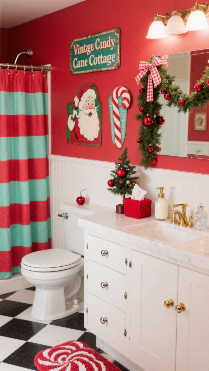 Photorealistic medium shot of a “Vintage Candy Cane Cottage” vanity wall: a red-and-white palette with a black-and-white check floor mat at the base. A peppermint-striped shower curtain in the background, vintage-inspired tin signs and retro Santa art on the wall. On the counter, milk-glass style soap and lotion bottles with brass pumps, plus a cherry-red tissue box cover. A peppermint garland draped over the mirror, gingham ribbons tied to cabinet pulls, and a small tabletop tree with red glass ornaments perched on the toilet tank. Hints of mint appear in accents; polished chrome and brass hardware catch the light. Bright, cheerful lighting for a nostalgic, playful mood.