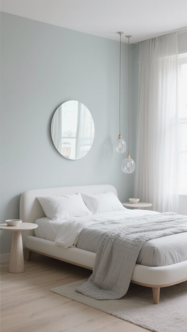 Photorealistic medium shot of an airy minimalist bedroom corner with pale dove-gray walls and a white oak bed with rounded edges; layer oyster-gray percale sheets, a lightweight quilt, and gauzy curtains filtering daylight; replace bulky nightstands with slim pedestal tables; hang delicate glass pendant lights for a barely-there glow; include a large round mirror reflecting soft light; textures emphasized: percale, gauze, smooth ceramics; bright, diffused daytime lighting.