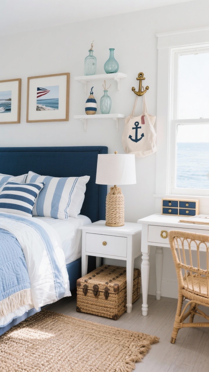 Photorealistic medium shot of Coastal Calm Meets Prep: breezy palette of soft navy, sky blue, white, and sand with stripes and clean lines. Striped duvet or quilt with crisp white sheets; navy headboard pillow. White Shaker-style nightstand with rope-texture lamp; framed nautical flag above. Rattan accent chair, woven trunk or bench for storage; natural seagrass/braided jute rug. Coastal photos and glass buoy-style vases on shelves; brass anchor hook on wall holding a bag. Classic white desk with brass hardware and navy organizers. Fresh daylight, airy seaside mood, straight-on perspective.