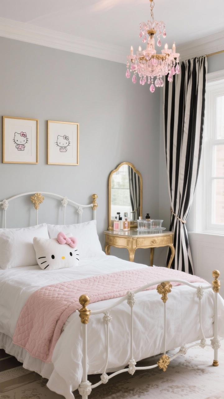 Photorealistic medium shot, “Parisian Chic With a Bow”: soft greige walls, carved white metal bed (or gold metal) with crisp white linen bedding, blush quilt folded at the foot, subtle Hello Kitty bow pillow centered, French-style vanity with curved legs beside the bed, gilded mirror above the vanity, glass perfume trays with bottles, black-and-white striped curtains framing a window, framed Hello Kitty sketches in thin gold frames on the wall, small chandelier with pink crystal drops sparkling overhead; elegant, refined lighting; angled view from the foot of the bed.