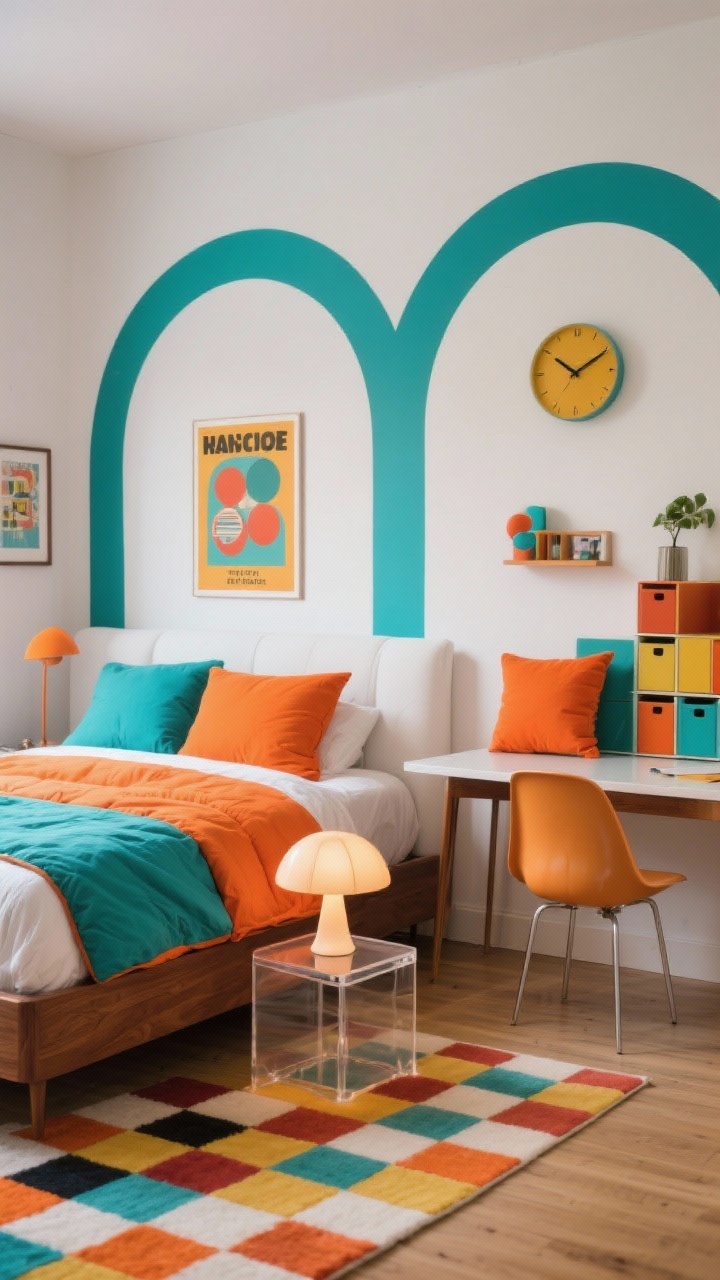 Photorealistic medium shot showcasing Retro Pop Color Block style: bed with a color-blocked duvet in tangerine and teal anchored by white and walnut accents; bold checkered rug; acrylic side table; mushroom-style lamp glowing warmly; mid-century desk kept minimal with a molded plastic chair; stackable storage cubes; throw pillows in tangerine and teal, a bold poster, and a fun clock on the wall; peel-and-stick color-block arches behind the bed for a rental-safe wow factor. Crisp, evenly lit scene with playful energy.