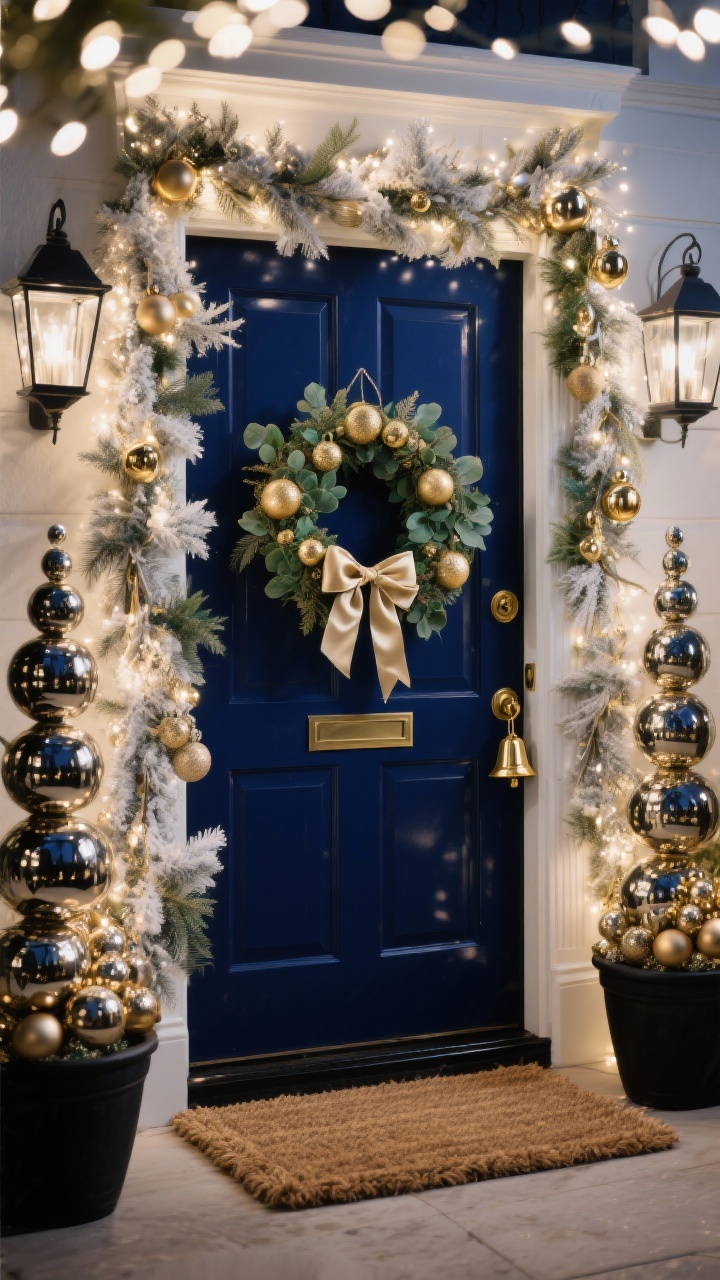 Photorealistic medium shot, straight-on, evening glamour of a Midnight Blue door: deep navy/midnight blue door crowned with a luxurious wreath featuring gold and champagne ornaments, frosted eucalyptus, and a silk bow; doorway wrapped in a twinkling mixed garland of spruce and metallic stems; glossy black or mirrored lanterns reflecting the soft white lights; a navy velvet doormat layered over coir; ornament clusters tied to the doorknob and gold bells hanging on silk ribbon; two tall planters holding stacked metallic ornament topiary trees (mixed metallic spheres); palette of navy, gold, champagne, soft white, with a hint of emerald; dramatic nighttime sparkle with bokeh twinkle lights; no people.