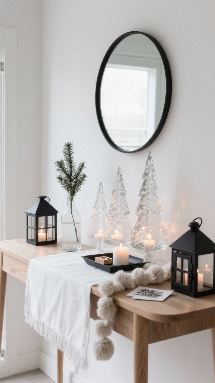 Photorealistic medium shot, straight-on view of a Modern Nordic entry table vignette: a streamlined blonde oak console with a snowy white linen runner, anchored by a round black-framed mirror on a soft white wall. Arrange frosted glass trees in staggered heights, a cluster of battery-operated tea lights tucked inside clear glass vases for a candlelit glow, and matte-black accents. Include ceramic house lanterns softly lit, a single slim evergreen sprig in a clear bud vase, and a wool pom garland draped lightly. Finish with a black metal tray corralling a minimalist candle, a box of matches, and a simple holiday card. Color palette: white, ivory, soft gray, matte black, natural wood. Quiet, serene Scandinavian mood with soft, diffused evening lighting. No people.