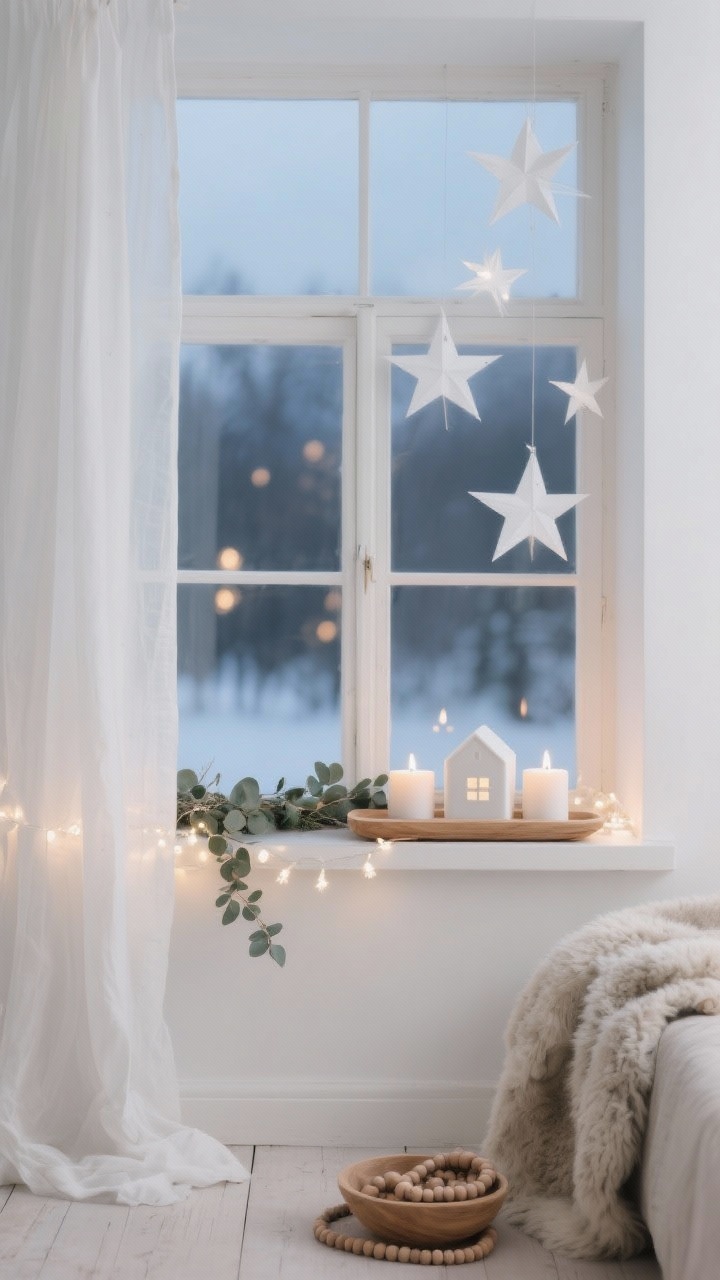Photorealistic medium shot, straight-on view of a minimalist Nordic window scene at dusk: a white-on-white palette with sheer white linen curtains gently puddling on the floor, a slim oak/birch wood tray on the sill holding matte white ceramic house votives glowing with warm battery tea lights; a narrow eucalyptus garland draped across the sill with warm white micro fairy lights tucked along it; simple white paper stars hung at staggered heights in the window; colors: white, oatmeal, pale wood, a whisper of soft gray; include nearby faux sheepskin throws and a small bowl of wooden bead garlands for texture; calm, airy, serene mood with soft, diffused winter light and gentle bokeh from the lights.