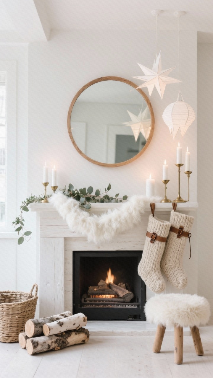 Photorealistic medium shot, straight-on view of a Nordic-inspired mantle: ultra-clean palette of soft whites, creamy ivory, and pale wood; a fluffy white faux garland draped across the mantle with wisps of eucalyptus tucked in; a simple round oak-framed mirror above the fireplace reflecting soft ambient light; paper star lanterns hanging at varied heights; a cluster of matte white pillar candles in brushed brass candleholders for a warm glow; chunky knit wool stockings in oatmeal tones with leather loops; accents include a sheepskin-topped stool and a woven basket of birch logs on the hearth. Lighting is calm and airy, natural daylight with gentle highlights, mood serene and modern.