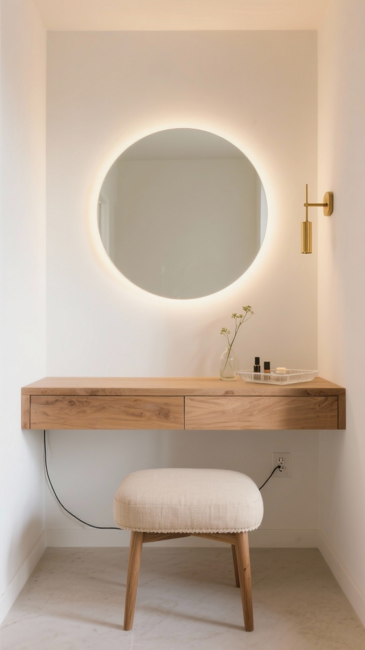 Photorealistic medium shot, straight-on view of a minimalist floating vanity nook in a 30–36" niche: a floating oak shelf against warm white walls with a frameless round mirror just above eye level, halo-style LED backlighting glowing from behind the mirror. A petite upholstered stool in linen beige tucks under the shelf. A slender brass sconce to one side, a narrow acrylic tray with a few essentials, and a tiny bud vase add softness. Include brass, frosted glass, and linen texture details; mount an under-shelf outlet with cords hidden. Soft, calming ambient lighting.