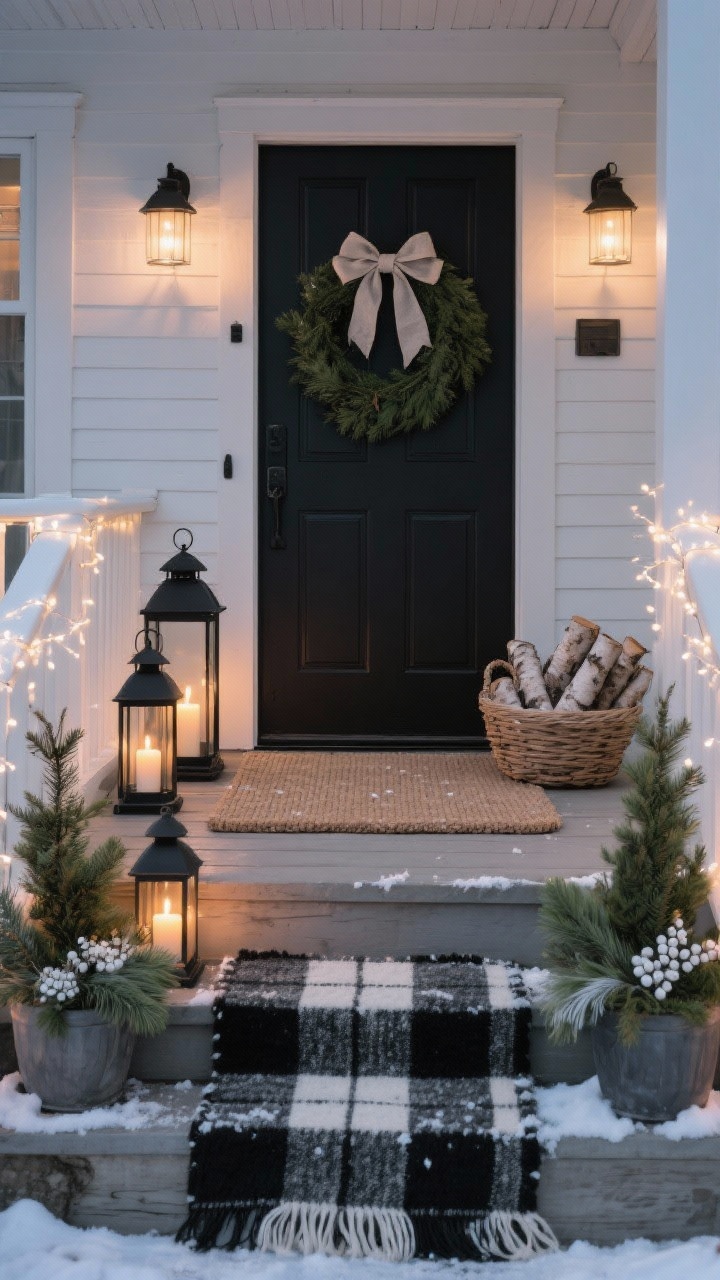 Photorealistic medium shot, straight-on view of a Nordic Warm Glow porch at dusk: matte black lantern trios in staggered heights on each step with warm flameless candles flickering; a neutral woven doormat layered over a black-and-white buffalo plaid rug; fresh cedar and juniper planters with feathery greenery and white berry picks flanking the doorway; warm white micro-LED strands wrapped around railings and tucked into planters; a simple fir wreath with a linen bow centered on the door; a basket of birch logs beside the door; subtle faux snow sprinkled along the steps. Color palette: warm white, black, soft green, natural wood. Textures: linen, cedar, matte metal, birch bark. Low, cozy lighting.