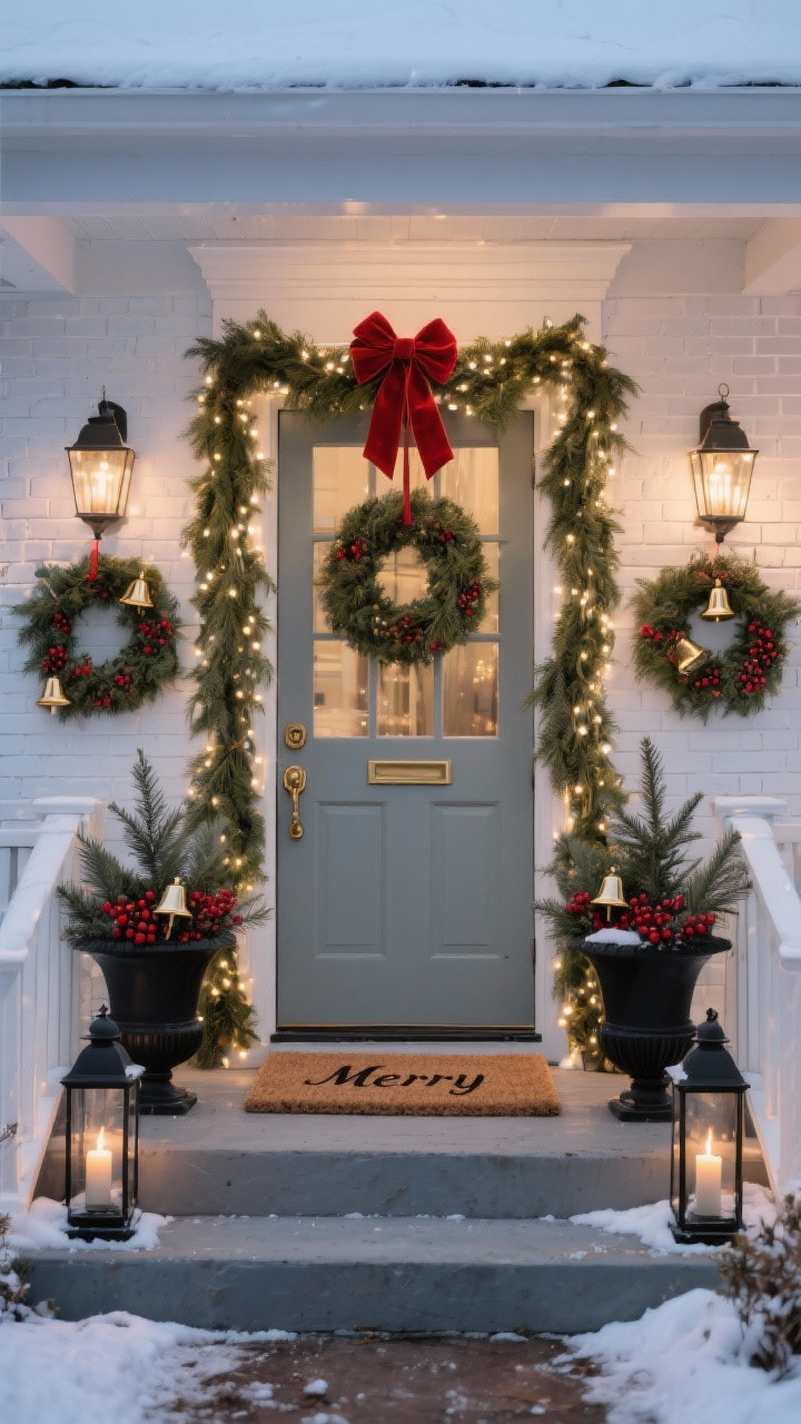 Photorealistic medium, straight-on view of a Classic Colonial porch in winter twilight: a white or brick facade with a thick fresh cedar garland wrapped in wide velvet red ribbon framing the door, finished with a large bow; double wreaths (main door and storm door) layered for texture; warm-white mini string lights woven through the garland and along porch railings; symmetrical black urn planters flanking the door filled with spruce tips, red winterberries, and gold bell picks; pairs of black lanterns with battery candles on each step; a classic coir doormat with simple “Merry” script; polished hardware and a neat brass door knocker; crisp, tailored composition with quiet-luxury mood.