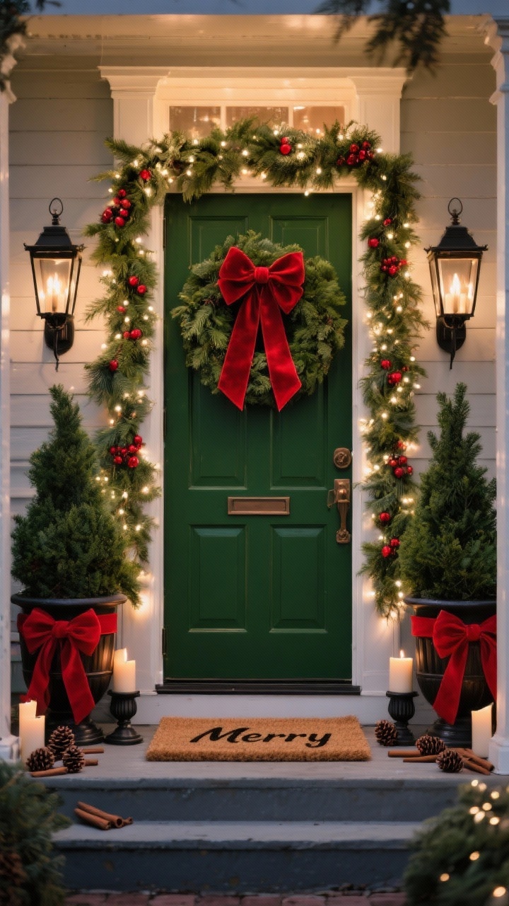 Photorealistic medium, straight-on view of a Classic Red & Green Heritage Porch at dusk: a deep green front door centered with a lush evergreen wreath tied with a wide red velvet bow whose tails drape luxuriously; doorway framed by thick cedar and pine garland woven with red berries and warm white fairy lights; two matching evergreen topiaries in urn planters on either side wrapped with coordinating red ribbon; at the threshold, a coir doormat with simple “Merry” script; black metal lanterns with glowing pillar candles flanking the steps; subtle pinecones and cinnamon sticks tucked into the garland; palette of deep greens, classic red, warm white lights, with black/bronze accents; soft, warm evening lighting for an elegant, timeless Christmas card feel; no people.