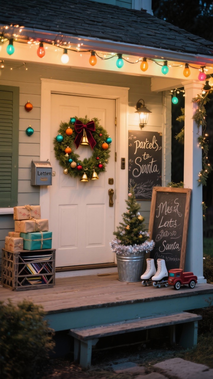 Photorealistic medium, straight-on vintage postcard porch scene at night: roofline draped with multicolor old-fashioned C9 bulbs glowing, door dressed with a mixed greens wreath featuring velvet ribbon, tiny brass bells, and miniature retro ornaments in teal, tangerine, cherry, and gold, a chalkboard sign with hand-lettered holiday greeting leaning beside a milk crate of records or wrapped “parcels,” a metal “Letters to Santa” mailbox, small aluminum tree in a bucket with tinsel garland, a pair of skates or a toy truck tucked under the bench; nostalgic, storybook charm with warm mixed lighting.