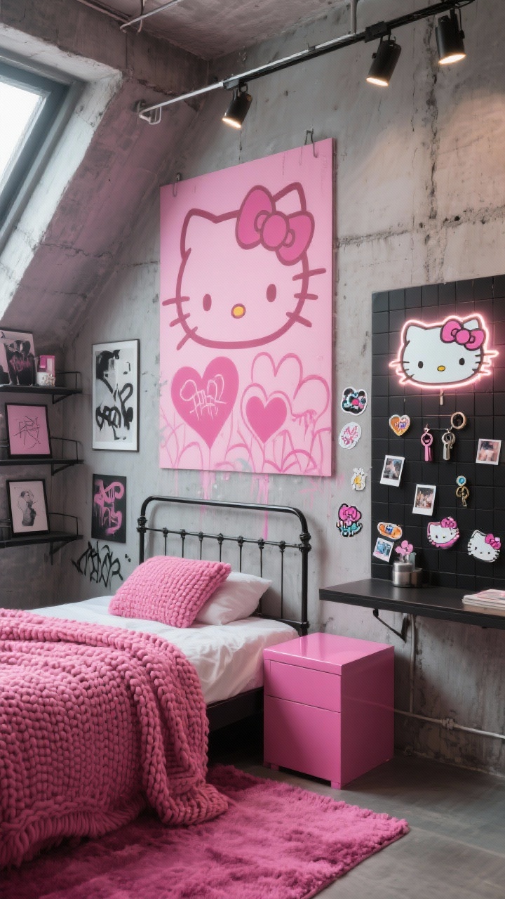 Photorealistic medium-to-wide shot of an urban studio pink bedroom with street-art flair: concrete gray or faux-plaster walls featuring a large pink mural panel with layered Kitty bow silhouettes and graffiti-style hearts; industrial metal bed frame, black wire shelves; magenta area rug underfoot, chunky pink knit throw on bed, glossy pink side table; desk wall with black grid panel holding polaroids, keychains, and Hello Kitty pins; street-art prints, sticker-bombed mirror edge, Kitty bow lightbox; track lighting creating dramatic highlights; raw metal, matte paint, chunky knit, and acrylic textures emphasized; angled loft-like perspective, no people.