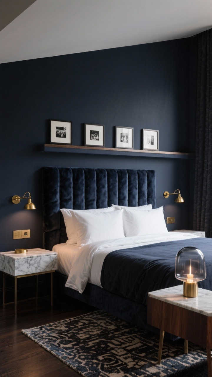 Photorealistic medium-wide bedroom scene, Moody Boutique Hotel: deep charcoal walls (or midnight blue) with a velvet channel-tufted headboard as the focal point, petite brass swing-arm sconces on both sides, marble-topped nightstands, crisp white bedding with a charcoal linen duvet folded at the foot, framed art ledge behind the bed layered with black-and-white prints, patterned wool rug on floor, smoked glass diffuser lamp; color scheme charcoal/navy, brass, white, walnut; textures velvet, linen, marble, brushed metal; low, warm ambient lighting emphasizing drama and boutique vibe; angled corner perspective.
