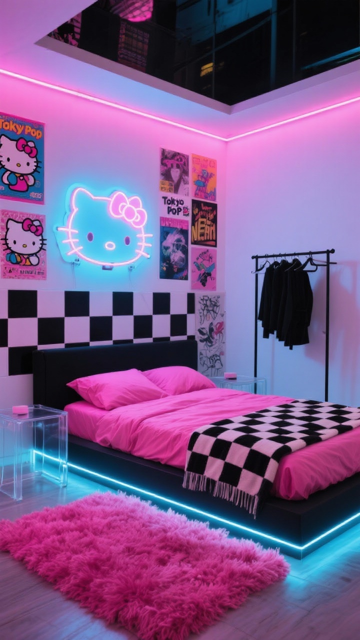 Photorealistic medium-wide corner angle, “Tokyo Pop Neon”: cool white walls with a bold checkerboard accent wall made of peel-and-stick tiles, low black platform bed with hot pink sheets and a black-and-white checkerboard throw, neon Hello Kitty sign glowing above the headboard, clear acrylic side tables, LED strip lighting under the bed and around the ceiling washing the room in neon pink and electric blue, collage wall of retro Hello Kitty posters mixed with street art prints, black metal clothing rack, chunky neon-pink shag rug; high-contrast, edgy street-style vibe at night.