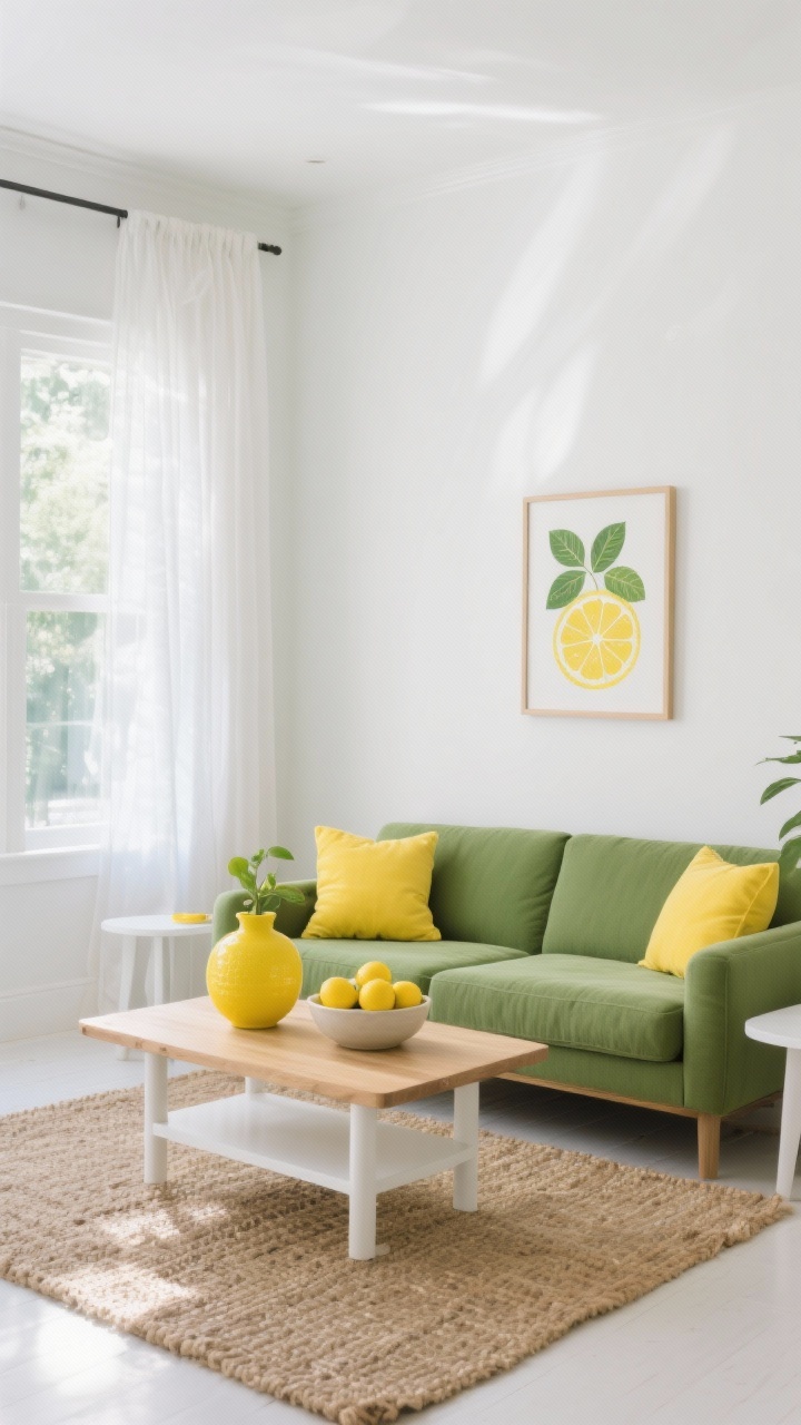 Photorealistic medium-wide “Fresh Citrus Pop” scene: a soft white room with crisp painted walls and breezy sheer white curtains, leafy green couch as focal point, blonde oak coffee table, simple white side tables, jute/sisal rug providing texture, lemon-yellow throw pillows and a playful lemon-yellow ceramic vase on the table, a bowl of real lemons and a framed citrus print on the wall, bright natural daylight streaming in, airy and happy mood, slight corner angle, clean styling, no people.