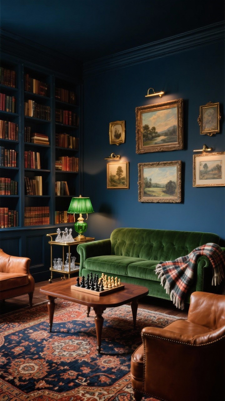 Photorealistic medium-wide library nook, moody and sophisticated: green velvet sofa facing a mahogany coffee table; floor-to-ceiling bookshelves with brass picture lights; antique-style Persian rug in rust and navy; caramel leather armchairs; plaid wool throw draped over the sofa arm; green glass banker’s lamp glowing on a side table; vintage oil landscapes in mismatched frames; chess set and stacked classics with a small bar cart holding cut crystal; deep ink blue walls; low, warm ambient lighting, no people