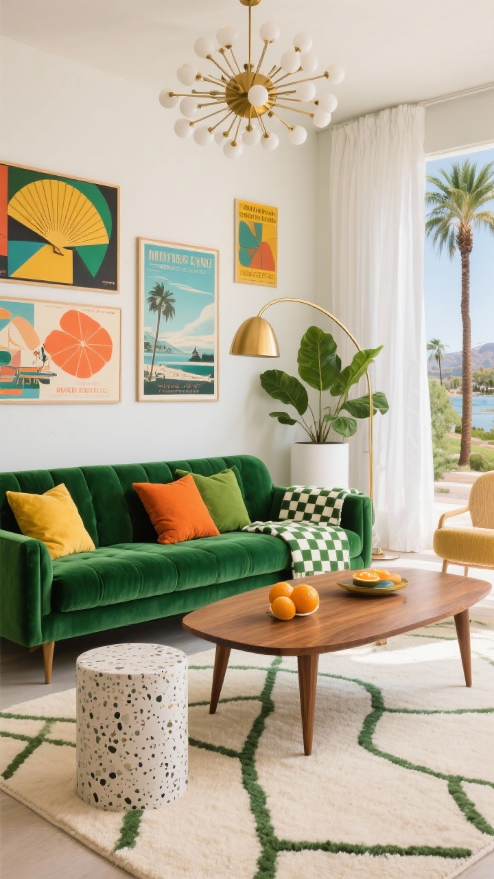 Photorealistic medium-wide Palm Springs mid-century scene: green velvet sofa as lush backdrop; warm walnut coffee table with tapered legs; cream geometric rug with olive lines; citrus pillows in mustard, tangerine, and chartreuse; terrazzo side table; Sputnik chandelier and brass arc lamp; vintage travel posters and bold abstract prints on the wall; fan palm and rubber plant in white cylinder planters; white drapes; playful checkerboard throw across the sofa arm; bright, sunny, retro-resort energy, no people