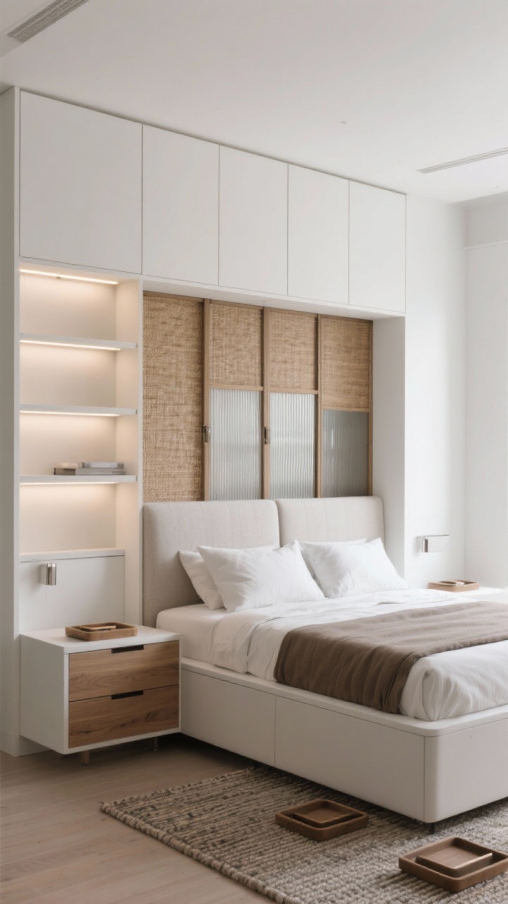 Photorealistic medium-wide shot, Smart Studio: Built-In Headboard Wall: a full-width matte white built-in with shallow cabinets above, an inset niche for the bed, slim shelves as nightstands, integrated LED strip lighting under cabinets creating a soft glow, a cushioned linen headboard panel spanning the niche, sliding door panels in cane or ribbed glass to conceal clutter, low-profile platform bed with storage drawers, flat-woven rug, matching bedside trays; color scheme white, warm taupe, light oak, soft gray; textures smooth lacquer, linen, felt, brushed nickel; clean, tailored look; straight-on architectural elevation view.