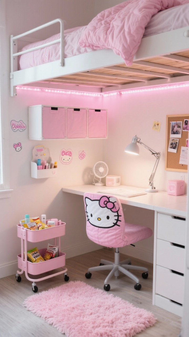 Photorealistic overhead detail/organizational shot of a Bubblegum Dorm-Friendly Setup under a lofted bed: study nook with slim desk and clamp lamp, reversible Hello Kitty comforter (light pink side showing) hanging slightly above. Collapsible cube storage in white and pink, rolling cart stocked with snacks and skincare, peel-and-stick decals on the wall for easy personality. Bedside caddy and clip-on fan attached to the loft rail, underbed LED strip casting a soft glow. Small shag rug and pinboard with photos and postcards visible. Light pink, white, and silver hardware palette, bright dorm lighting.
