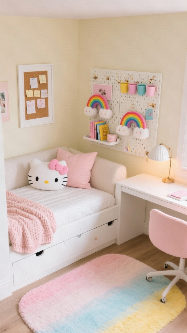 Photorealistic overhead detail shot, “Cozy Study Nook Suite”: buttercream wall backdrop, white daybed with under-bed drawers styled as a sofa with pastel pillows and a Hello Kitty knit blanket draped, adjacent compact study nook featuring a small white desk, pegboard wall organizer with cups and hooks, rainbow bookends shaped like Kitty bows holding pastel books, framed white-edged cork tiles pinned with notes and prints, dome desk lamp casting warm task light, soft ombré area rug transitioning from petal pink to sky blue to lemon; tidy, multifunctional, cheerful workspace vibe.