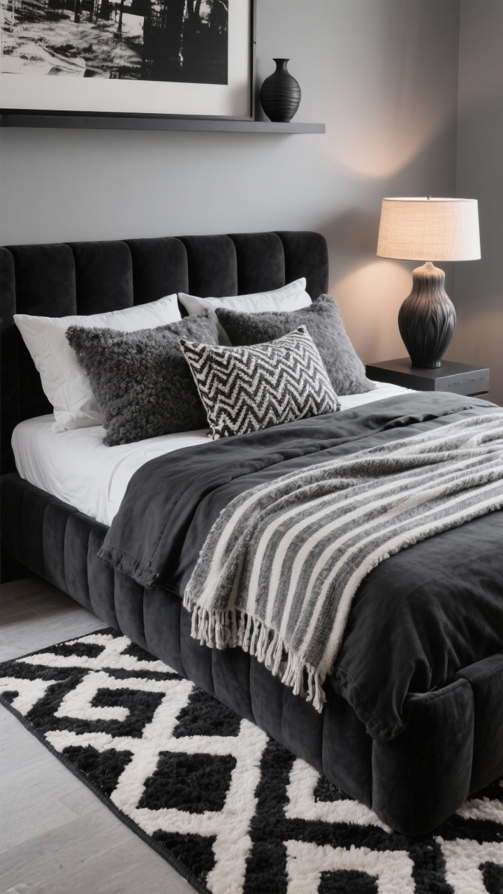 Photorealistic overhead/detail shot of a bedscape in an artistic monochrome bedroom: soft-gray walls framing a black upholstered bed; a bold charcoal-and-ivory geometric patterned rug peeks from beneath; throw pillows in layered gray textures—bouclé, silk, knit—with one patterned lumbar for punch; a striped bed throw ties rug and art together; a floating shelf holding black-and-white art visible at the top edge; large sculptural ceramic table lamp casting a warm, focused glow; textures emphasized and no people.