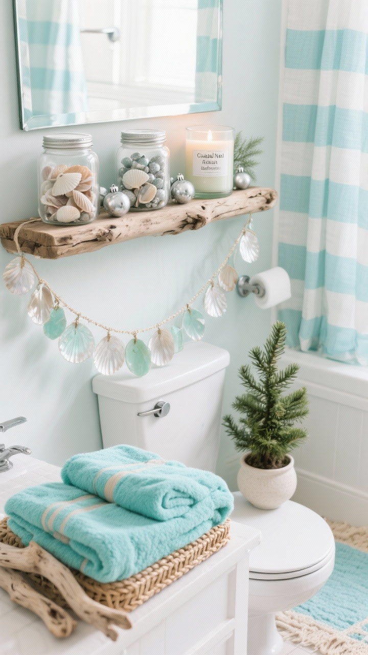 Photorealistic overhead/detail shot of a “Coastal Noel Refresh” styling: a driftwood shelf holding clear jars filled with shells mixed with mini soft-silver ornaments; a frosted-glass candle labeled with salt air and fir notes flickers nearby. Below, aqua towels and a pale blue bath rug show sea-glass hues, with sandy beige accents. A striped linen shower curtain in soft blues is partially visible; a mini Norfolk pine in a white ceramic pot sits on the toilet tank. A capiz shell garland drapes across the mirror edge, casting gentle pearly reflections. Palette of sea-glass green, sky blue, sandy tan, and soft silver; materials include linen, rattan, driftwood, and matte ceramics. Bright, airy coastal lighting.