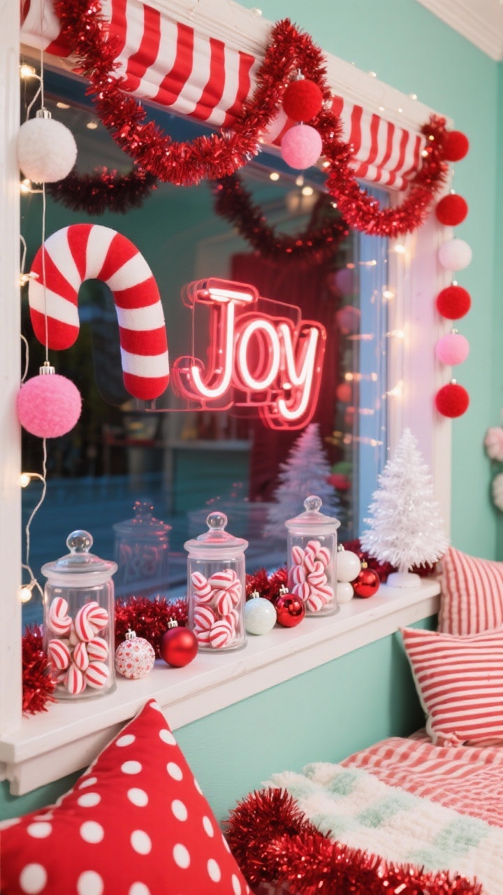 Photorealistic overhead detail shot of a playful peppermint window sill setup: clear apothecary jars filled with faux peppermints, mini ornaments, and red tinsel arranged in a neat row; striped red-and-white ribbon visible wrapping the curtain rod edge at the top of frame; oversized peppermint ornaments and felt ball garlands in red, pink, and white dangling into the shot; a quirky neon “Joy” sign glow reflecting on the glass; red-and-white globe string lights framing the window casting a cheerful light; nearby hints of polka-dot pillows, a striped throw, and a small white tinsel tree; colors: cherry red, bright white, poppy pink, a dash of mint; bright, retro, candy-shop vibe.