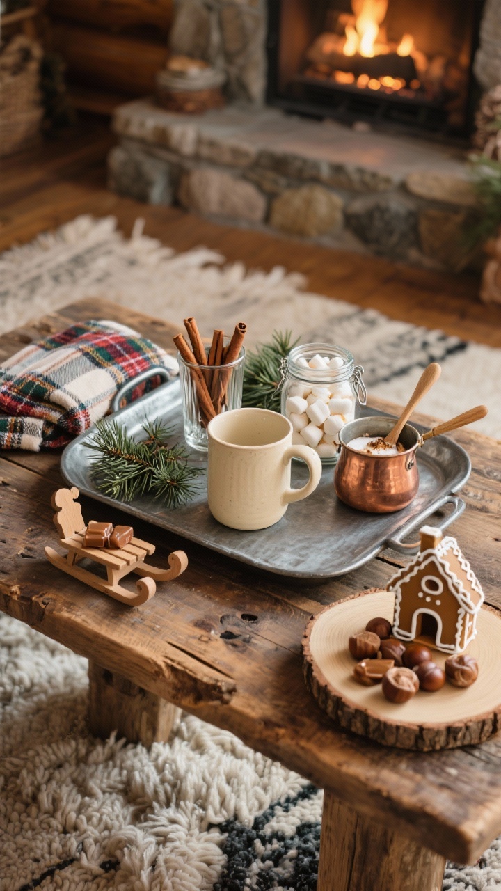 Photorealistic overhead detail shot of a rustic cocoa station on a reclaimed wood coffee table in a cozy cabin setting: stone fireplace blurred in background, chunky wool rug below. On a galvanized metal tray: cream stoneware mugs, a clear vintage glass holding cinnamon sticks, a jar of marshmallows, and a small copper pot with a wooden spoon. Tucked sprigs of fresh cedar and a folded plaid napkin add color. Final touches: a tiny wooden sled figurine and a gingerbread house displayed on a wood slice. Palette: caramels, chestnuts, cream, evergreen. Lighting: warm, hearth-like ambient light emphasizing texture of wood, wool, and metal; no people.