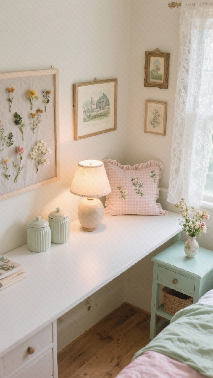Photorealistic overhead detail shot of a Soft Cottagecore study nook desktop: white or pastel desk surface with fluted storage jars, a ceramic lamp casting gentle warm light, and a fabric-covered pinboard partially in frame; pressed flower frames and cottage prints leaning nearby; ruffled pillowcase edge and floral/gingham duvet in blush or sage peeking from the side; small pastel painted side table corner; lace cafe curtain filtering daylight; tiny vase of fresh or dried flowers; soft cream and pale oak tones throughout. Gentle, serene mood.