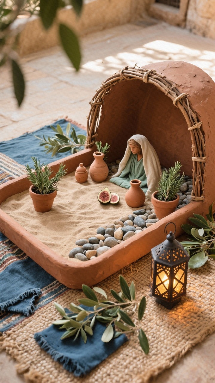 Photorealistic overhead detail shot of a Terra-Cotta Courtyard Bethlehem-inspired crib built in a large shallow tray: half filled with fine sand, half with pebbles. At center, the nativity under a DIY arch (bent willow or plastered cardboard painted clay-brown). Props: mini terra-cotta pots with rosemary sprigs, tiny amphora jars, a woven mat; textiles include indigo-dyed napkins as rugs and frayed-edge linen layers. Greenery: olive branches, bay leaves, a few dried fig sprigs. Place a Moroccan-inspired lantern just beyond the tray casting soft patterned LED shadows across the sand. Color palette: terra-cotta, sand, olive green, indigo. Mood: earthy, sun-warmed, handmade.