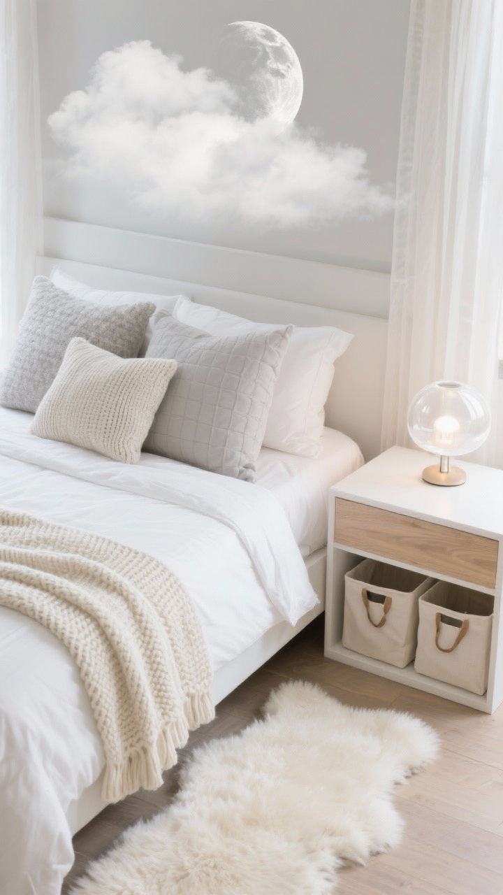Photorealistic overhead/detail shot of Cloud-Core Minimal textures on the bed: crisp white duvet, cream knit throw, and misty gray euro pillows arranged to showcase subtle textures—fluff, knit, and light quilting; edge of a whitewashed/maple nightstand with a frosted globe lamp softly diffusing light; plush off-white faux sheepskin runner visible at bedside; cream fabric storage bins with linen handles tucked under; simple cloud or moon-phase print implied at top edge; consistent matte silver/pearl-finish accents; translucent sheer curtains pooling slightly, serene and airy mood
