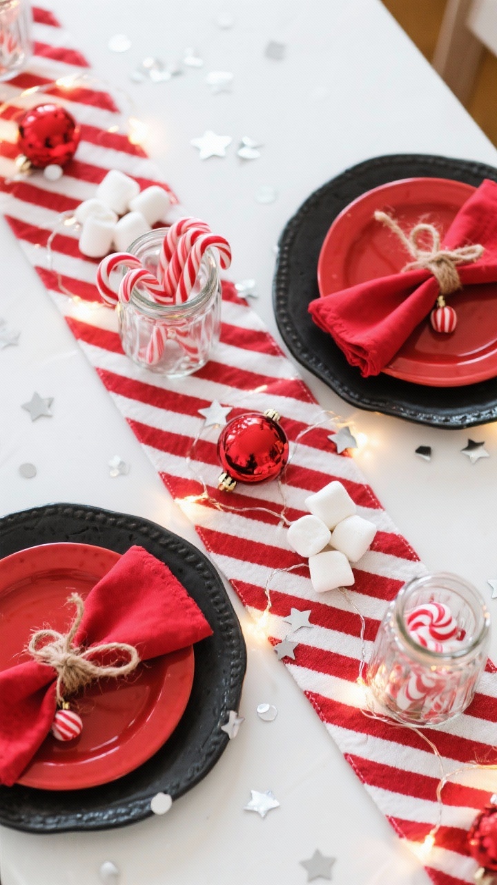 Photorealistic overhead (flat lay) detail shot of a “Candy Cane Pop” table runner vignette: crisp red-and-white striped runner on a high-gloss white surface; black stoneware dinner plates with red salad plates on top; bright red napkin tied with twine and a mini peppermint candy; clear apothecary jars filled with candy canes, red ornaments, and white marshmallows lined in a row; scattered metallic silver confetti stars and warm white battery fairy lights twinkling. Optional graphic striped place mat or black charger peeking out for contrast. Color palette: red, white, black, metallic silver. Textures: glossy ceramics, glass, twine, crisp cotton. Party-ready sparkle; no people.