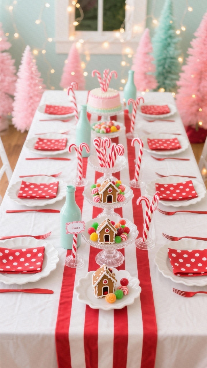 Photorealistic overhead shot of a playful candy cane cottage tablescape: white tablecloth with a bold red-and-white striped runner, layered white dinner plates and red scalloped side plates, polka-dot napkins, shiny red flatware; center line of milk glass cake stands tiered with peppermint sticks, gumdrops, and mini gingerbread houses; pastel bottle-brush trees (peppermint pink and soft mint) dotted between, warm fairy lights twirled around the displays; striped straws and cheerful place cards at each setting; bright, photogenic, snackable vibe with warm twinkle light highlights, no people.