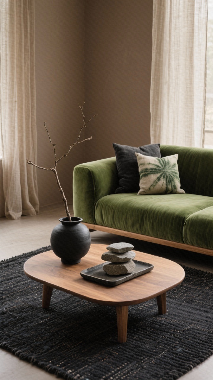 Photorealistic overhead tabletop-and-sofa vignette for Japandi serenity: low-slung ash wood coffee table with rounded corners on a charcoal flat-weave rug; green velvet sofa edge visible; pillows in textured neutrals—stone, charcoal, muted moss—with a single hand-dyed shibori accent; black clay vessel and stacked stone tray with a single branch in a tall vase nearby; sheer linen panels in natural flax filtering light; warm taupe wall tone in background; soft, diffused, meditative lighting, minimal and refined, no people