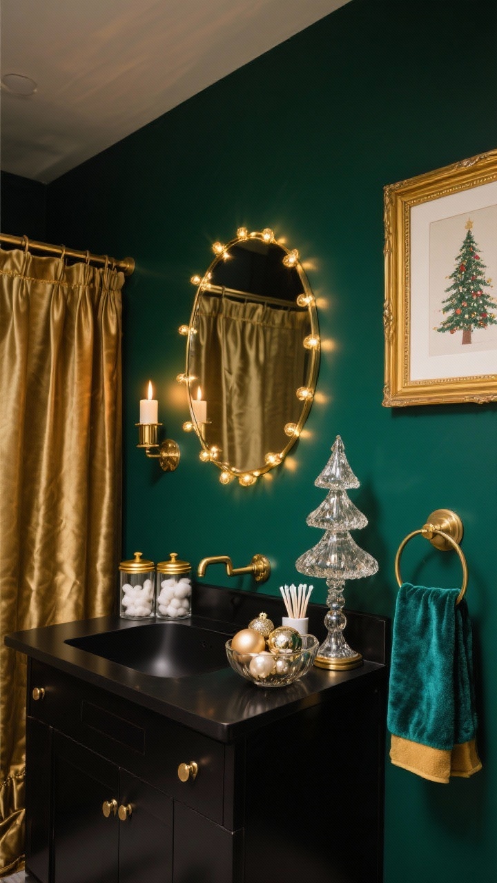 Photorealistic straight-on medium shot of a “Gilded Glam Powder Room”: moody deep emerald walls with a round gilded mirror centered above a sleek black vanity. Brushed brass hardware, glass canisters with gold lids holding cotton and swabs, and a subtle satin shower curtain with gold trim. On the vanity, a mercury-glass tree trio reflects a strand of warm micro lights draped around the mirror. A bowl of glass ornaments in champagne and pearl sits nearby; velvet hand towels in jewel tones hang neatly. Lighting on a dimmer with warm LEDs creates a candlelit glow; include a gold-framed holiday print on the wall.