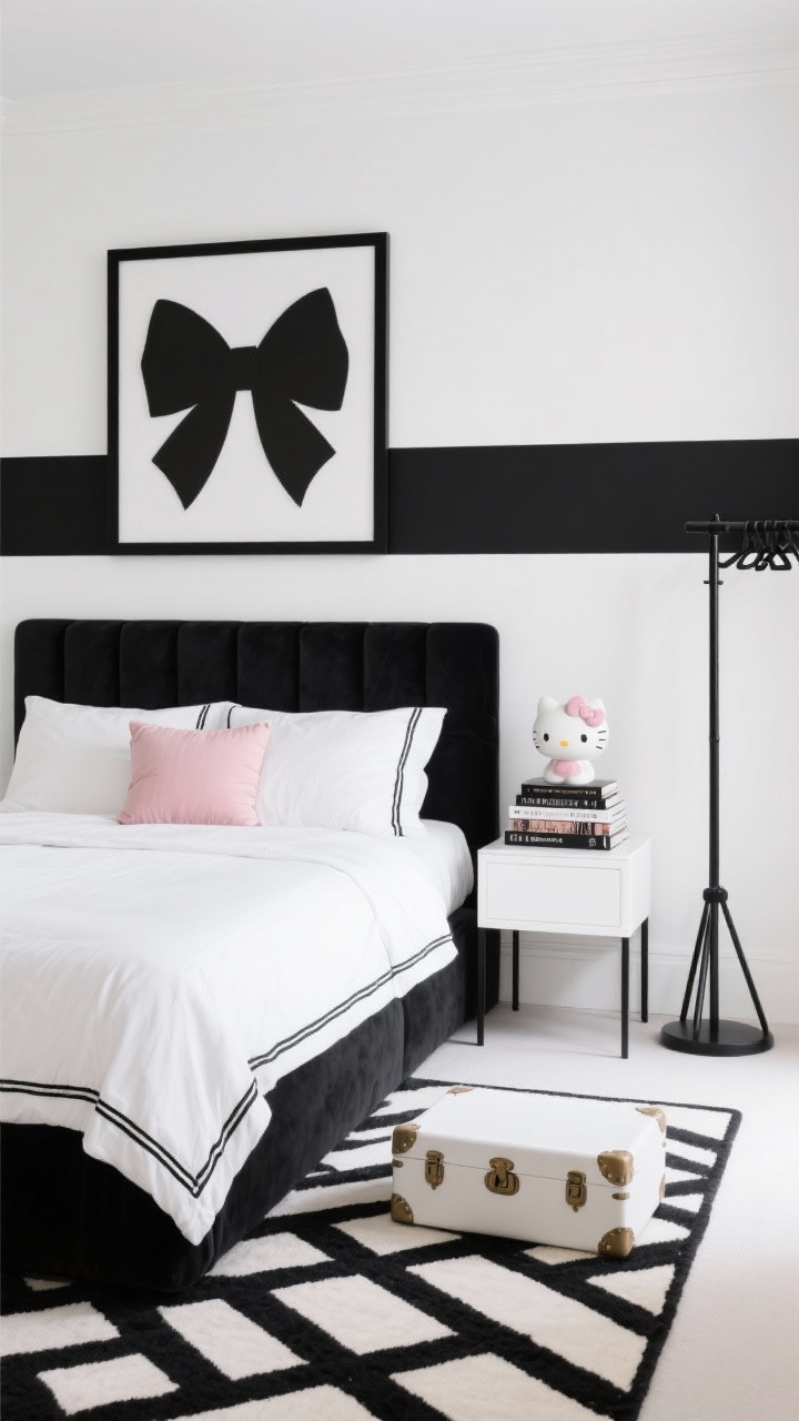 Photorealistic straight-on medium shot of a Modern Monochrome With Bow Accents bedroom: crisp white walls with a bold black feature stripe behind the bed, black upholstered headboard, stark white bedding with a black piping edge. Geometric black-and-white rug beneath, black metal clothing rack to the side, white trunk at the foot of the bed. Oversized framed bow silhouette art above the headboard, ceramic Hello Kitty figurine perched on a stack of fashion books on a minimal nightstand. Micro-pops of blush in a small accent cushion. Clean, high-contrast daylight for an editorial look.