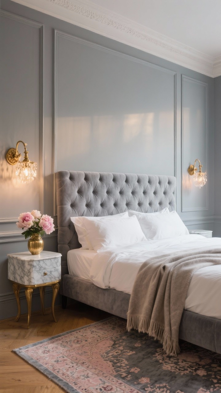 Photorealistic straight-on medium shot of a Parisian-inspired bedroom wall featuring simple molding painted in cool mid-gray; a mist-gray tufted upholstered bed with crisp white sheets and a casually draped cashmere throw; antique brass sconces and a petite chandelier provide elegant warm light; a vintage-style Persian rug in faded blush and slate gray partially visible; marble-topped nightstand holding a small vase of peonies; textures: velvet/cashmere, polished brass, aged wood, marble; golden-hour glow.