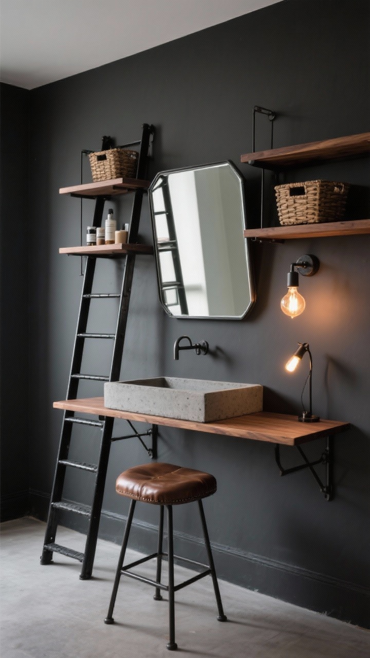 Photorealistic straight-on medium shot of an industrial ladder-style vanity: matte black ladder shelf leaning against charcoal walls, warm walnut shelves. The middle rung forms a vanity shelf with a concrete catchall; the top holds a tilting metal-framed mirror. Upper tiers contain baskets for products. A backless leather stool below, an edison-bulb sconce providing warm industrial glow, plus clip-on LED task lights for added brightness. Strong, linear composition with moody ambiance.