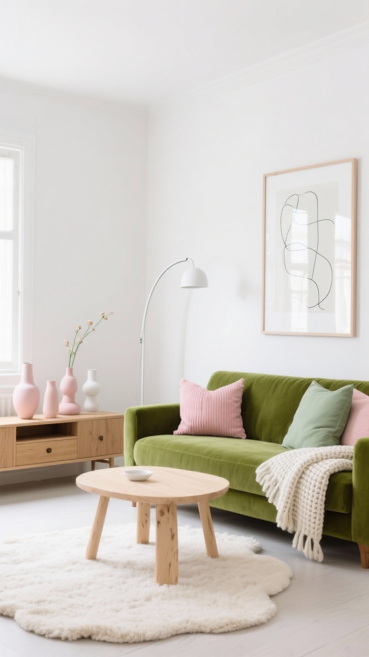 Photorealistic straight-on wide shot, light and airy Scandinavian style: green velvet sofa popping against bright white walls; blonde birch coffee table with rounded edges; cream wool rug like a cloud; blush pink and soft sage pillows with subtle ribbing; ivory waffle-knit throw; white metal arc floor lamp; low oak media console with hidden pulls; one large abstract line drawing in a thin white frame; light oak mirror reflecting daylight; a few ceramic bud vases in pale pink and matte white; crisp, soft daylight, no people