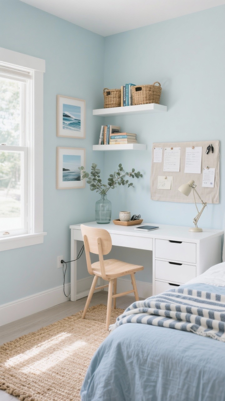 Photorealistic straight-on wide shot of a Coastal Calm study-focused room: pale sky-blue bedding, jute/seagrass rug, white furniture including a white desk with drawers and a simple nightstand; light wood chair at the desk; two white floating shelves above the desk holding books and baskets; a linen-wrapped pinboard pinned with assignments and inspo; striped throw folded at the bed; coastal prints on the wall; glass vase with eucalyptus; task lamp on the desk and a small ceramic tray for tech and keys. Bright, airy daylight with minimal visible cords.