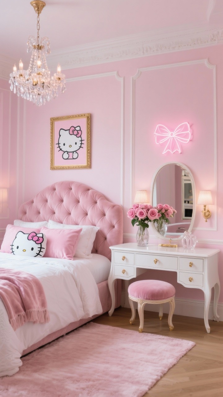 Photorealistic wide-angle bedroom shot, Glam Parisian pink theme: powder pink walls with crisp white molding, tufted blush velvet headboard, petite crystal chandelier overhead casting sparkles, classic white lacquer dresser with champagne-gold hardware, mirrored nightstand, curved blush velvet vanity stool, bed layered with white linen duvet, pink satin shams, and a subtle Hello Kitty throw at the foot; gilded-framed Hello Kitty art prints, a small pink bow neon above the vanity, pink bow drawer pulls, delicate French-style sconces, pale pink area rug, single vase of roses; textures of velvet, satin, mirror, and crystal highlighted; soft evening lighting, straight-on view, no people.