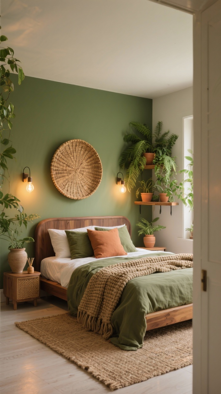 Photorealistic wide bedroom shot, Biophilic Oasis With Earthy Layers: sage green walls, warm walnut bed with softly rounded corners, olive linen bedding layered with clay-toned pillows and a chunky knit throw, woven basket art above the headboard, rattan sconces with warm LED bulbs, living wall shelf with trailing pothos and ferns in matching clay pots, jute rug, ceramic planters, diffuser on nightstand hinting cedarwood scent; palette sage, olive, terracotta, walnut, cream; textures waffle cotton, woven rattan, raw wood, stoneware; golden-hour natural light with warm LEDs for cozy, grounded mood; shot from door corner to capture full vignette.