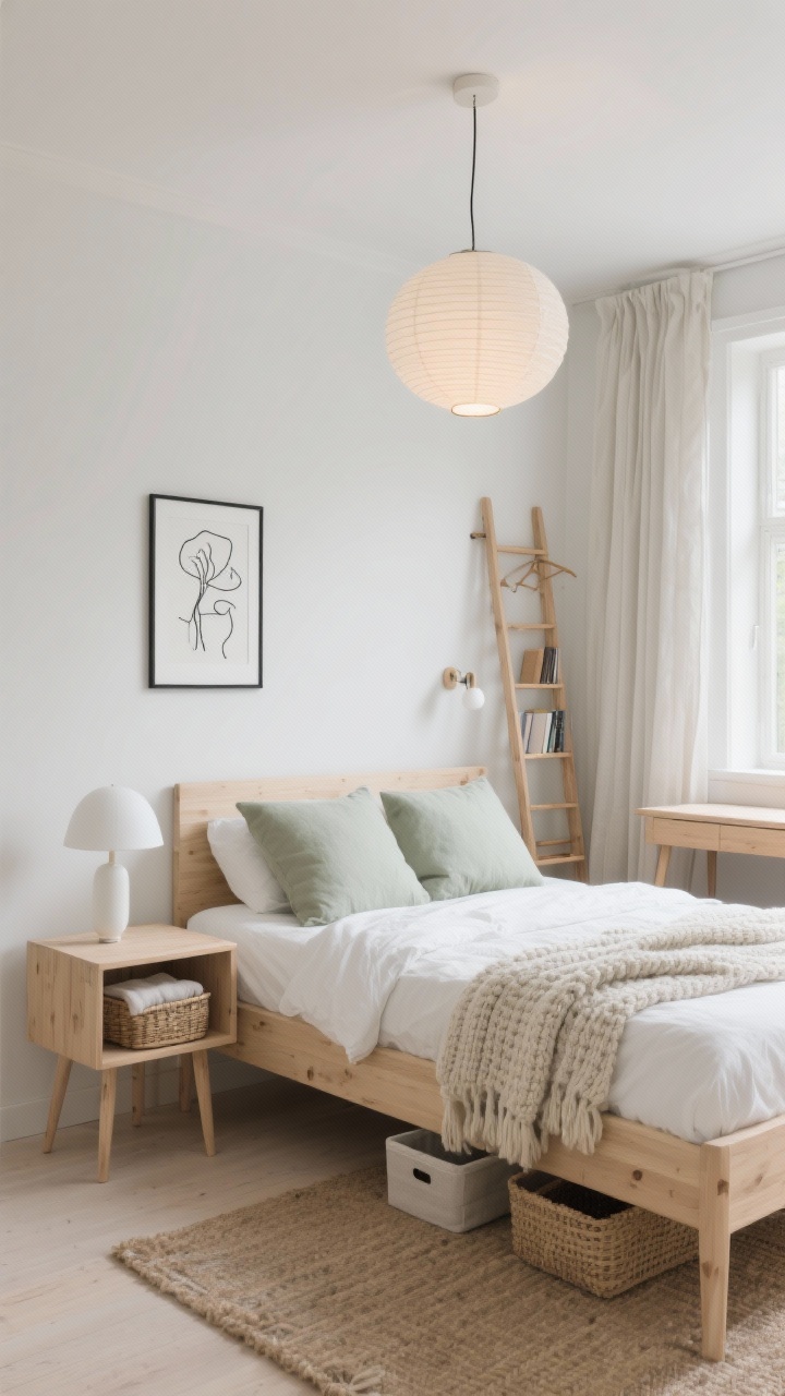 Photorealistic wide bedroom shot in Soft Scandi Calm style: light woods, creamy whites, and gentle textures. Palette of beige, pale gray, oat with a hint of sage. Low-profile birch wood bed with neutral white duvet, chunky knit throw, two oversized euro pillows; slim birch nightstand with a white dome lamp; woven basket with folded blankets. Simple desk with tapered legs, ladder-style bookshelf, linen curtains, jute/wool-blend rug, framed black line art prints. Paper lantern pendant overhead, warm-white bulbs, tiny clip light on the headboard. Flat storage bins peeking under the bed, open closet with matching wood hangers. Clean, uncluttered, natural morning light from window, corner angle.