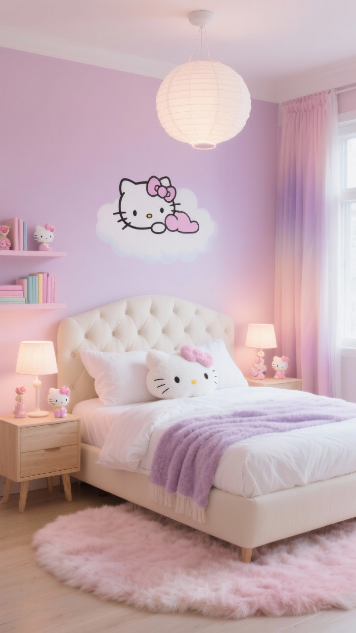 Photorealistic wide bedroom shot, “Pastel Cloud Dream”: whisper-pink walls with foggy lilac undertone, tufted cream headboard, creamy white bedding layered with a Hello Kitty plush throw and cloud-shaped pillows, pale wood nightstands, faux fur rug underfoot, pastel gradient curtain set at a window, floating shelves holding small Hello Kitty figurines and pastel-colored books, white paper lantern pendant overhead, rose-glow bedside lamps casting soft light, a large wall decal of Hello Kitty snoozing on a cloud centered above the bed; airy, fluffy textures, soft pink, cream, lilac, and blush palette; straight-on view.
