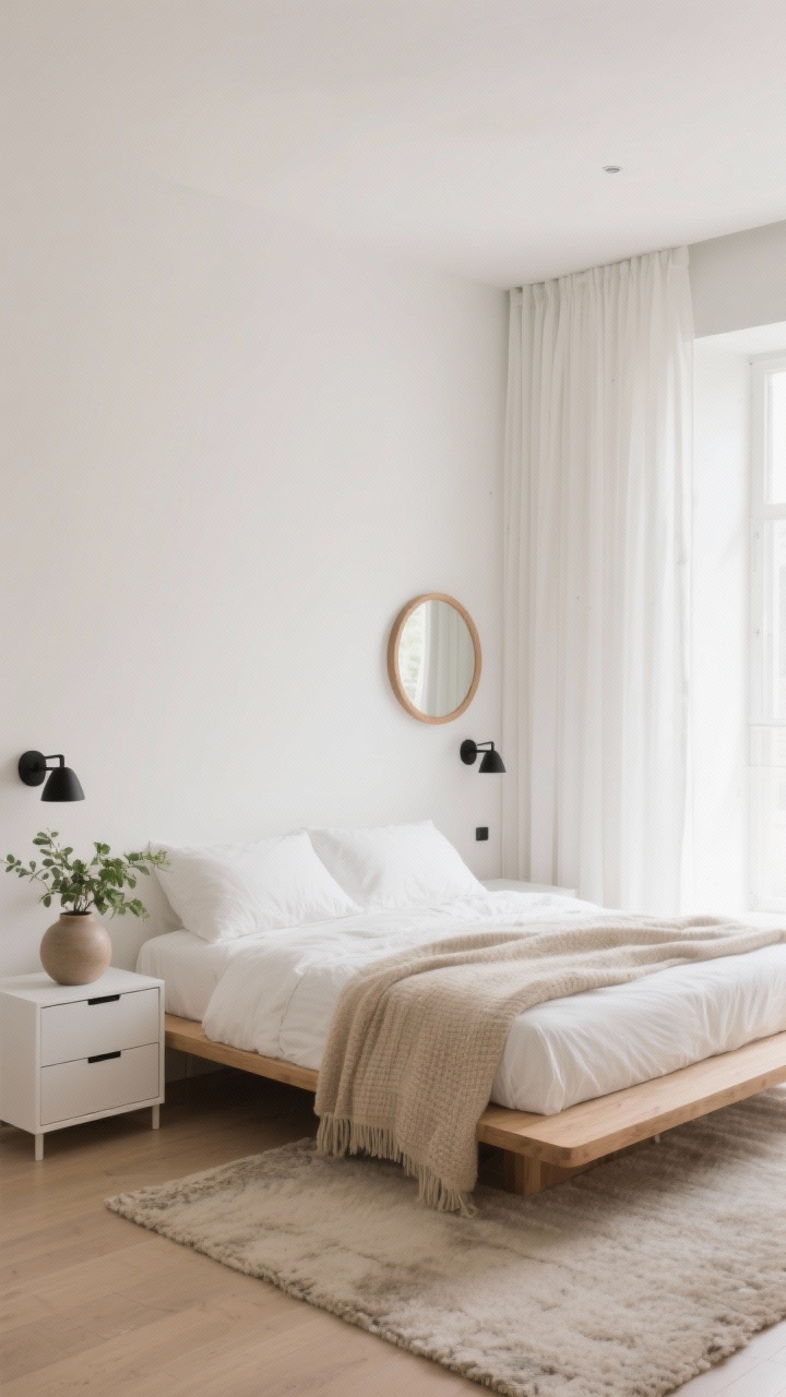 Photorealistic wide bedroom shot, Soft Minimalist Sanctuary: a warm white cocoon room with soft beige undertones, low-profile light oak platform bed, crisp white linen bedding layered with a textured oatmeal throw, floating white nightstands with slim drawers, matte black sconce lights, a simple round oak mirror, floor-to-ceiling white linen curtain softening a window and visually raising the ceiling, low wool rug, single ceramic vase with fresh greenery; clean lines, uncluttered styling, quiet palette of warm white, soft beige, light oak, matte black accents; natural daylight, airy and calm mood; shot straight-on to the bed wall.