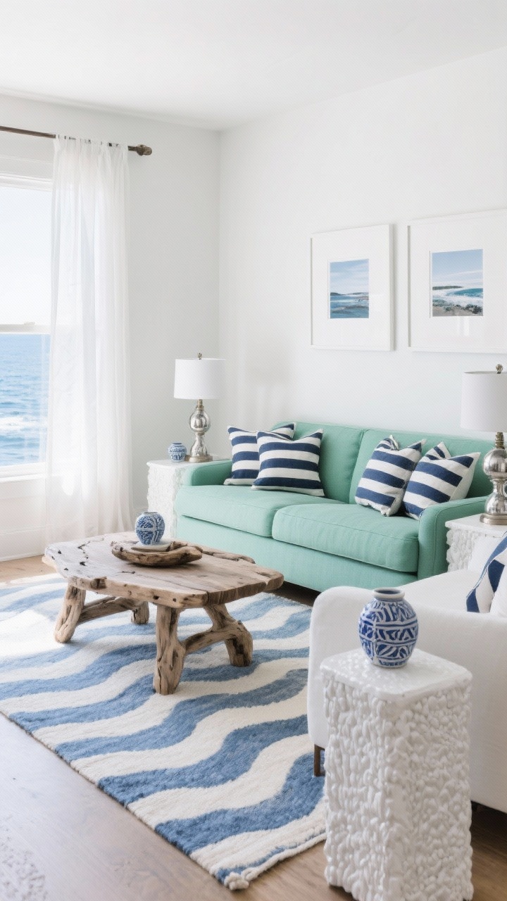 Photorealistic wide “Coastal Cool” room: sea-glass green couch against crisp white walls, navy-striped pillows arranged neatly, natural driftwood coffee table centered, sheer white curtains filtering coastal daylight, blue-and-white rug with subtle stripe/wave pattern, polished nickel table lamps on simple white side tables, textured white and blue ceramics, framed coastal photography in clean white frames, bright breezy mood, slightly elevated corner perspective, no people.