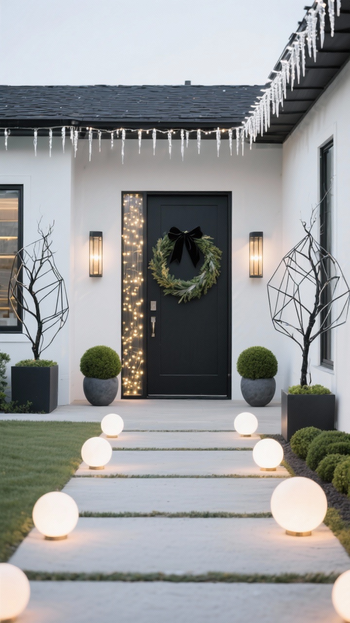 Photorealistic wide, crisp modern exterior, straight-on architectural shot: cool-white icicle lights along the roofline; by the entry, geometric wire trees in matte black and brushed gold; a sleek metal hoop wreath with asymmetrical greenery and black velvet ribbon on a dark, minimal door; walkway lined with ground-level LED spheres in varying sizes for a gallery-like glow; planters kept minimal with boxwood balls in charcoal pots; two linear lanterns flanking the door filled with fairy lights; monochrome palette of black, white, and metallics; sharp, cool-white LED lighting for high contrast; no people.