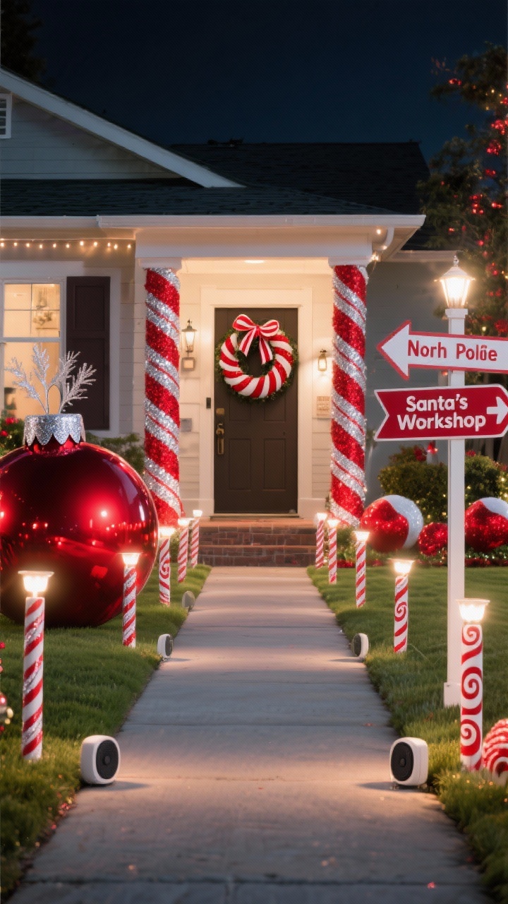Photorealistic wide driveway and walkway parade, straight-on view at night: bold red-and-white candy cane stake lights lining both driveway and path, with swirl-patterned yard signs; porch columns wrapped in red-and-white spiral ribbon to resemble giant candy canes; door featuring a peppermint wreath with striped ribbon tails and glitter picks; cheerful north pole signpost on the lawn with directional arrows to “Santa’s Workshop”; glossy red giant ornament lawn spheres for extra punch; color story of red, white, and pops of silver; hidden outdoor Bluetooth speaker implied (no people); joyful, high-energy festive glow.